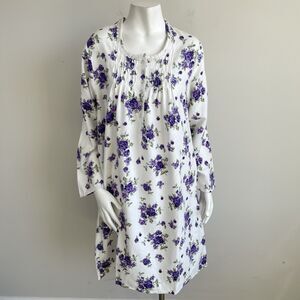 Casual Night S Nightgown White Purple Floral Flannel Pajama Dress Granny Cottage